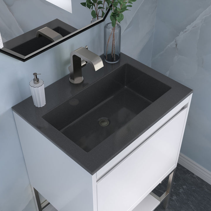 Mantova 23.6" Single Vanity, Glossy White, Brushed Nickel Base w/ Charcoal Black Composite Stone Top