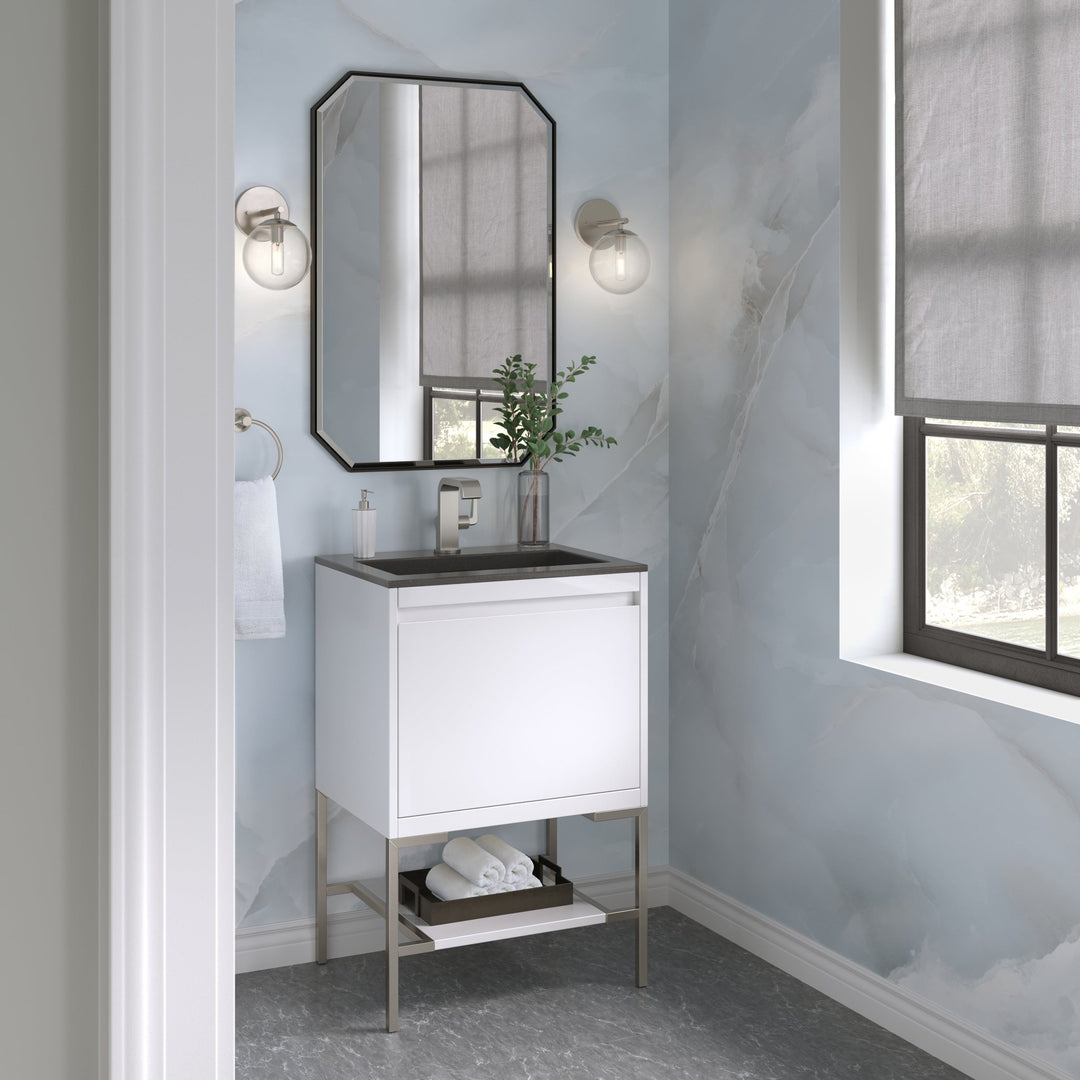 Mantova 23.6" Single Vanity, Glossy White, Brushed Nickel Base w/ Charcoal Black Composite Stone Top