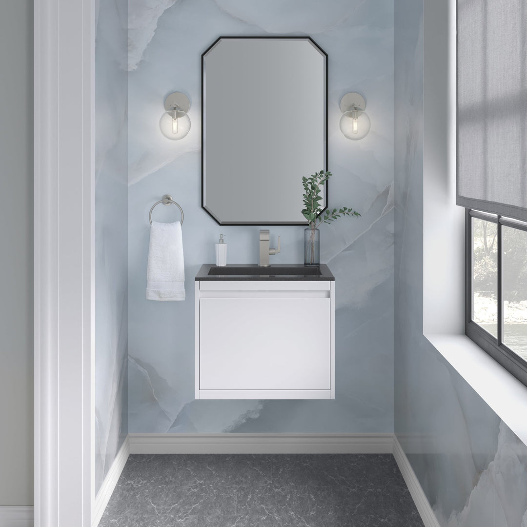 Mantova 23.6" Single Vanity, Glossy White, Brushed Nickel Base w/ Charcoal Black Composite Stone Top