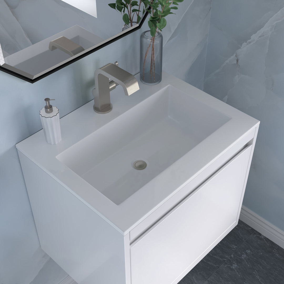 Mantova 23.6" Single Vanity, Glossy White, Brushed Nickel Base w/ Glossy White Composite Stone Top