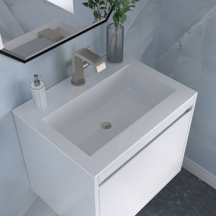 Mantova 23.6" Single Vanity, Glossy White, Brushed Nickel Base w/ Glossy White Composite Stone Top