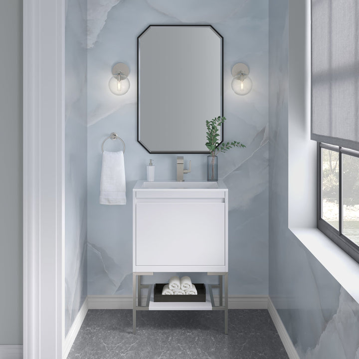 Mantova 23.6" Single Vanity, Glossy White, Brushed Nickel Base w/ Glossy White Composite Stone Top