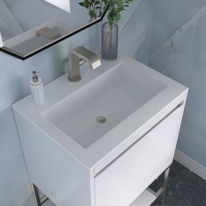 Mantova 23.6" Single Vanity, Glossy White, Brushed Nickel Base w/ Glossy White Composite Stone Top