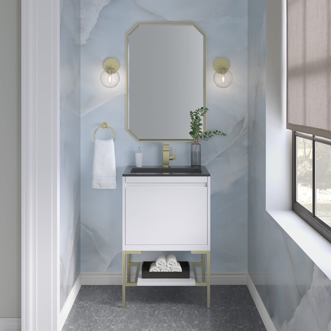 Mantova 23.6" Single Vanity, Glossy White, Champagne Brass Base w/ Charcoal Black Composite Stone Top