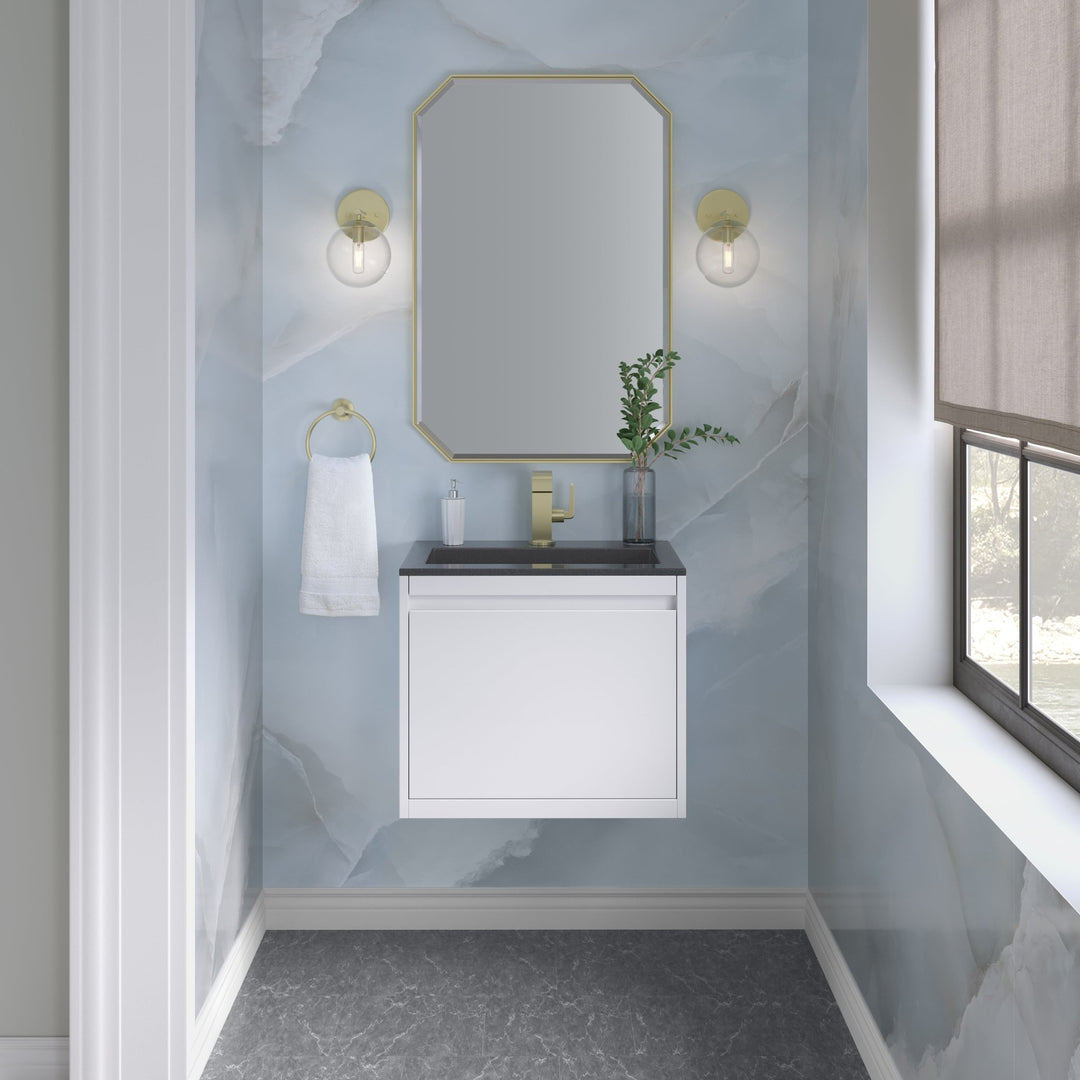 Mantova 23.6" Single Vanity, Glossy White, Champagne Brass Base w/ Charcoal Black Composite Stone Top