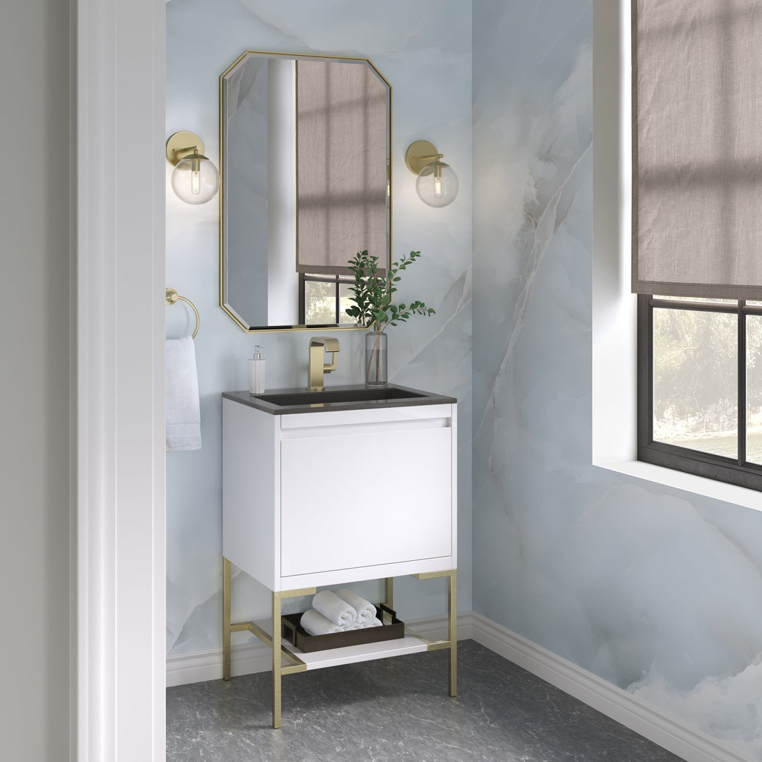 Mantova 23.6" Single Vanity, Glossy White, Champagne Brass Base w/ Charcoal Black Composite Stone Top
