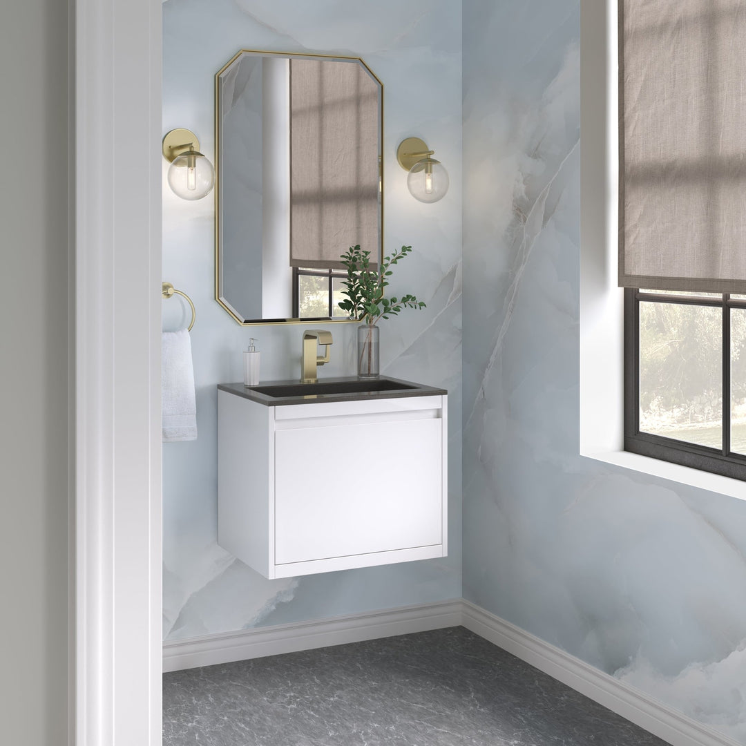 Mantova 23.6" Single Vanity, Glossy White, Champagne Brass Base w/ Charcoal Black Composite Stone Top