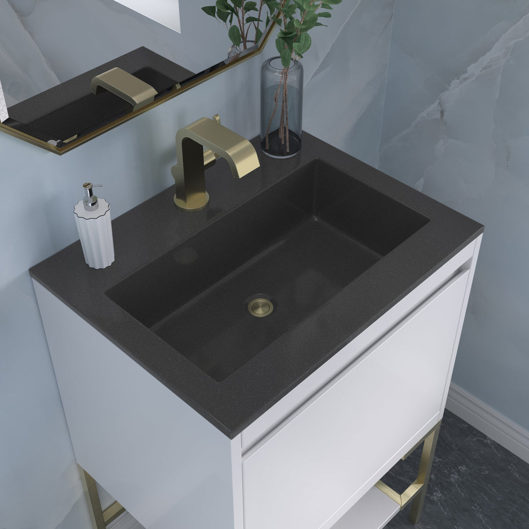 Mantova 23.6" Single Vanity, Glossy White, Champagne Brass Base w/ Charcoal Black Composite Stone Top