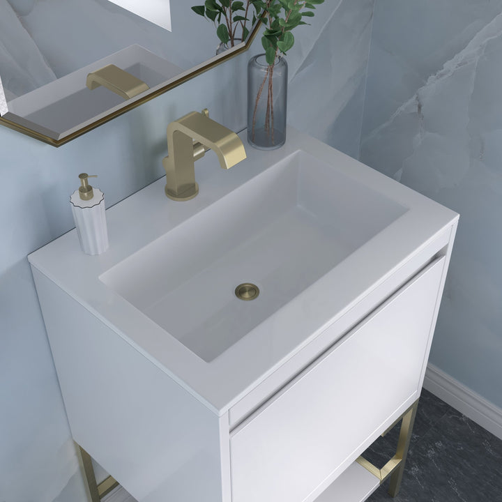 Mantova 23.6" Single Vanity, Glossy White, Champagne Brass Base w/ Glossy White Composite Stone Top