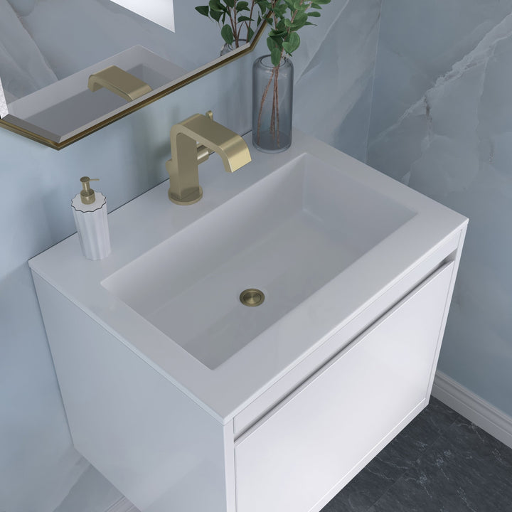 Mantova 23.6" Single Vanity, Glossy White, Champagne Brass Base w/ Glossy White Composite Stone Top