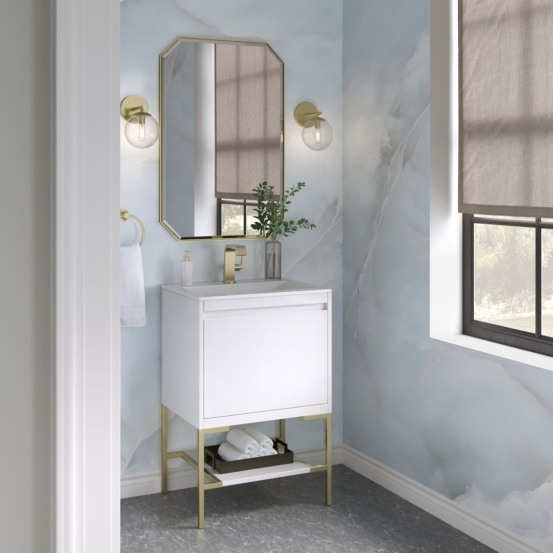 Mantova 23.6" Single Vanity, Glossy White, Champagne Brass Base w/ Glossy White Composite Stone Top