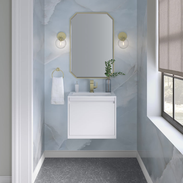 Mantova 23.6" Single Vanity, Glossy White, Champagne Brass Base w/ Glossy White Composite Stone Top
