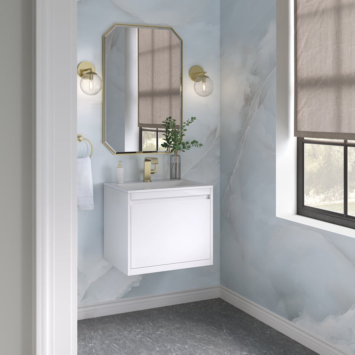 Mantova 23.6" Single Vanity, Glossy White, Champagne Brass Base w/ Glossy White Composite Stone Top