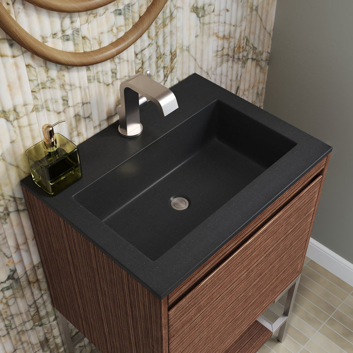 Mantova 23.6" Single Vanity, Mid-Century Walnut, Brushed Nickel Base w/ Charcoal Black Composite Stone Top