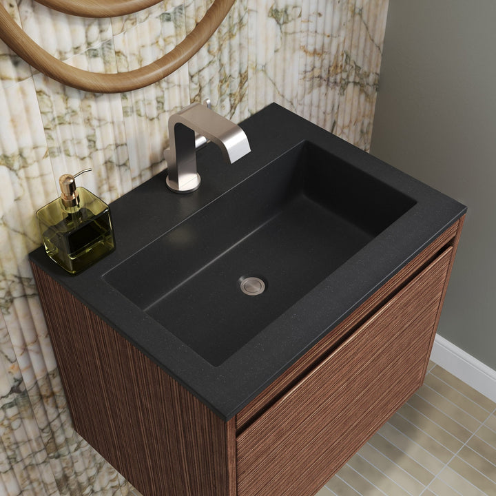 Mantova 23.6" Single Vanity, Mid-Century Walnut, Brushed Nickel Base w/ Charcoal Black Composite Stone Top