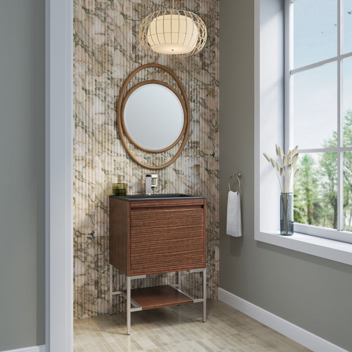 Mantova 23.6" Single Vanity, Mid-Century Walnut, Brushed Nickel Base w/ Charcoal Black Composite Stone Top