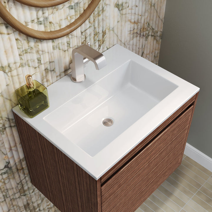 Mantova 23.6" Single Vanity, Mid-Century Walnut, Brushed Nickel Base w/ Glossy White Composite Stone Top