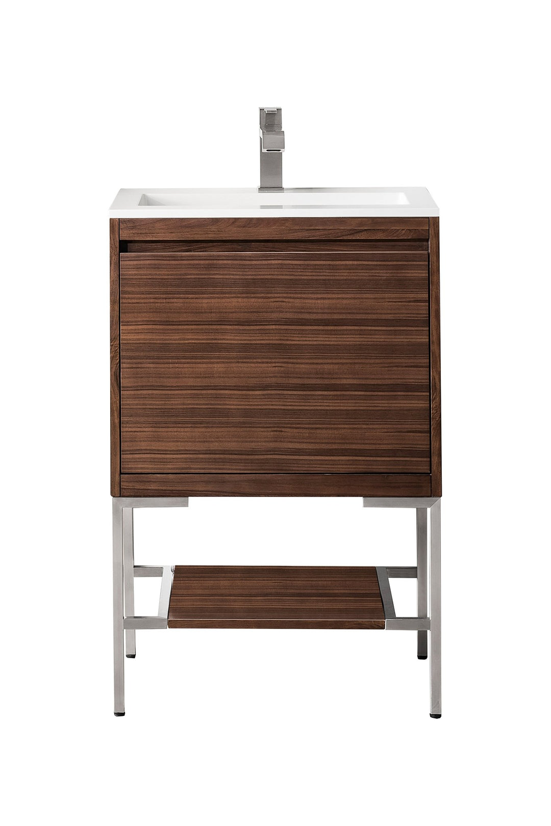 Mantova 23.6" Single Vanity, Mid-Century Walnut, Brushed Nickel Base w/ Glossy White Composite Stone Top