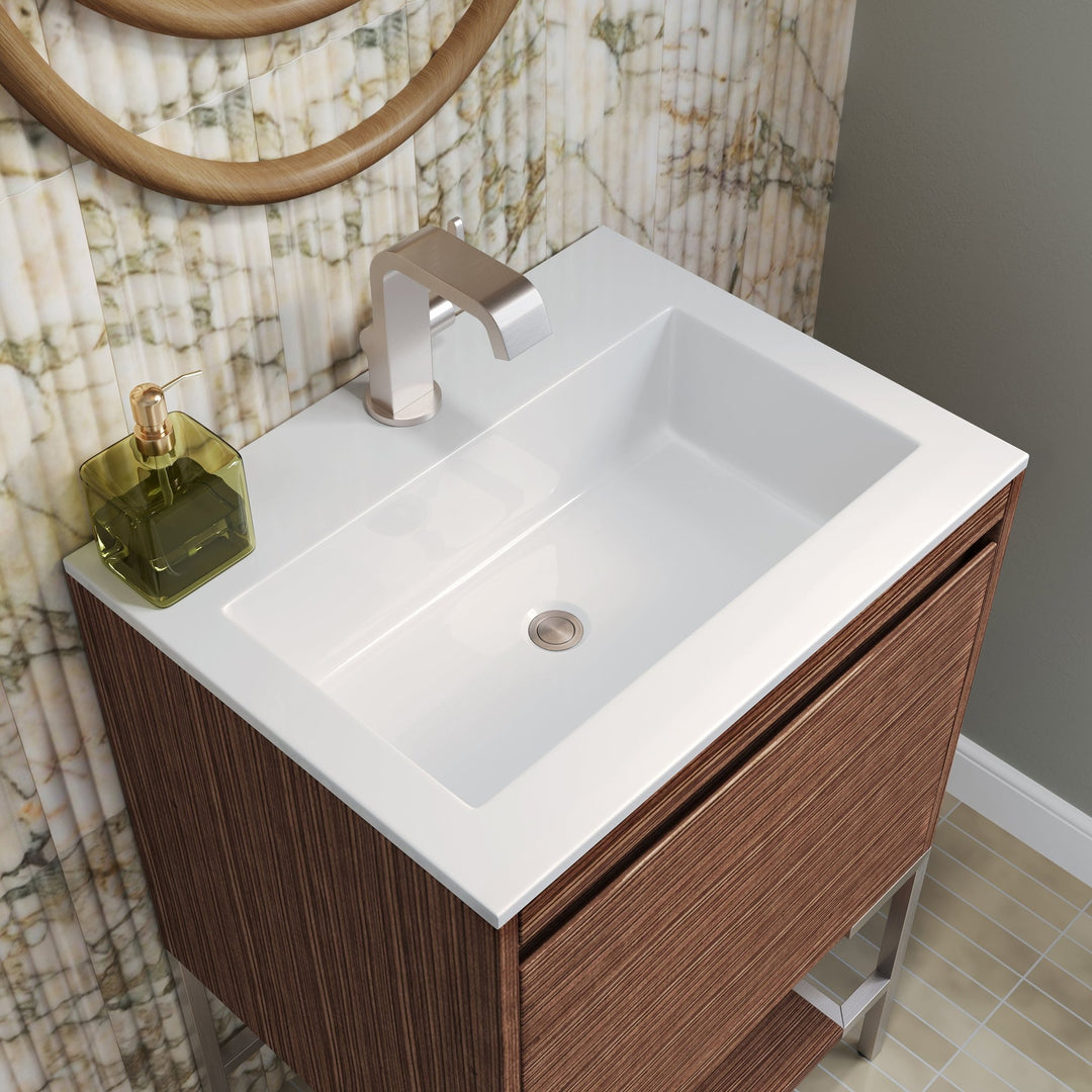 Mantova 23.6" Single Vanity, Mid-Century Walnut, Brushed Nickel Base w/ Glossy White Composite Stone Top