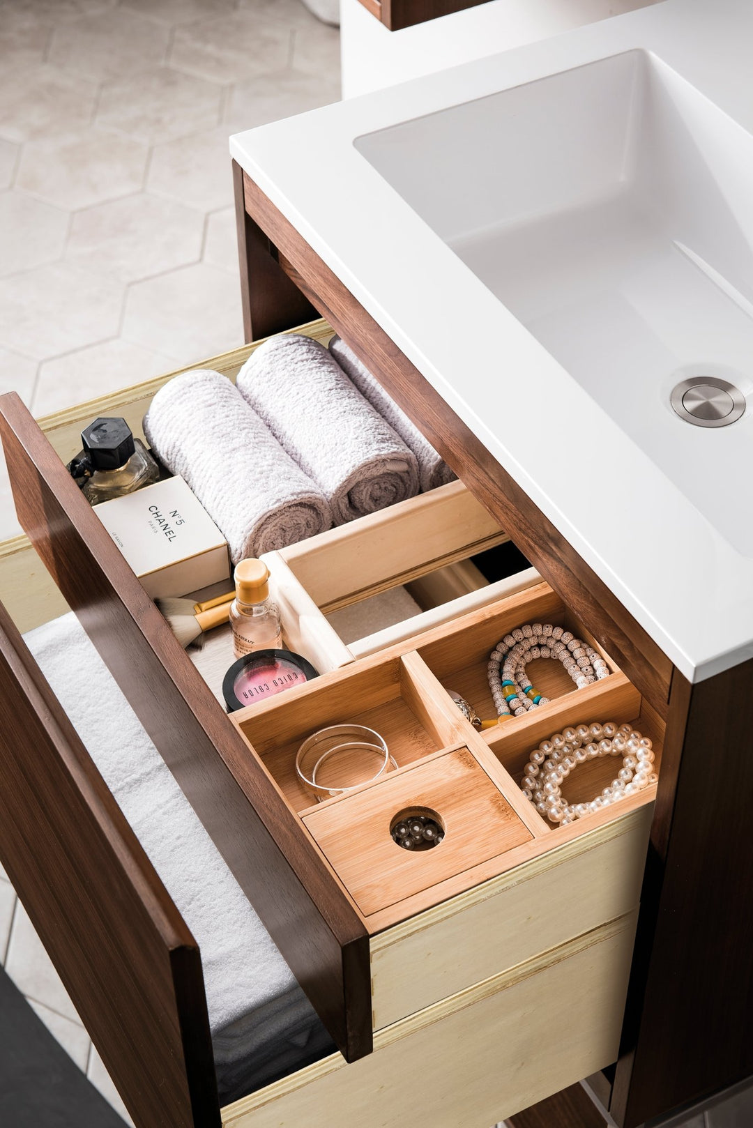 Mantova 23.6" Single Vanity, Mid-Century Walnut, Brushed Nickel Base w/ Glossy White Composite Stone Top