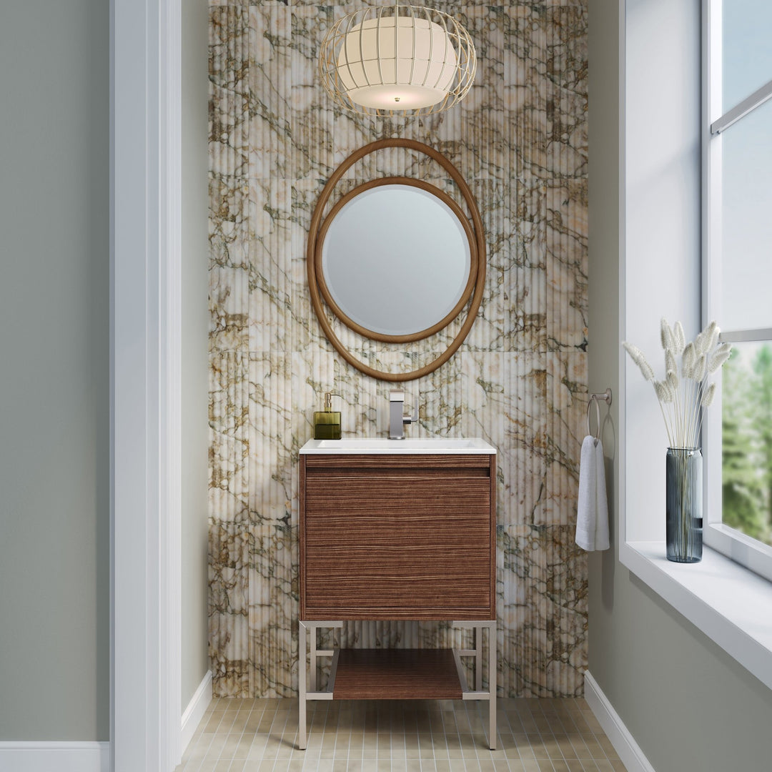 Mantova 23.6" Single Vanity, Mid-Century Walnut, Brushed Nickel Base w/ Glossy White Composite Stone Top