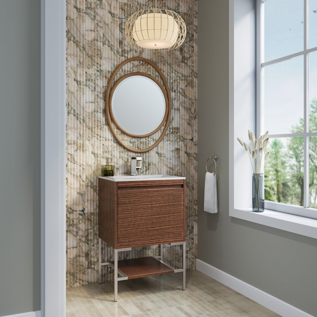 Mantova 23.6" Single Vanity, Mid-Century Walnut, Brushed Nickel Base w/ Glossy White Composite Stone Top