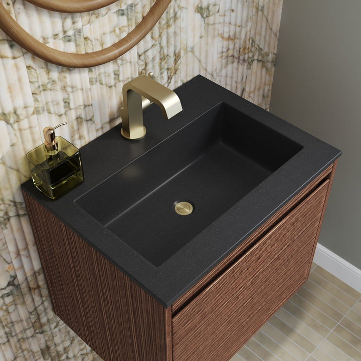 Mantova 23.6" Single Vanity, Mid-Century Walnut, Champagne Brass Base w/ Charcoal Black Composite Stone Top