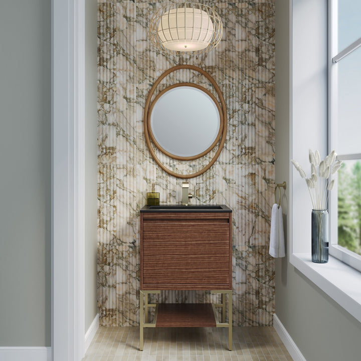 Mantova 23.6" Single Vanity, Mid-Century Walnut, Champagne Brass Base w/ Charcoal Black Composite Stone Top