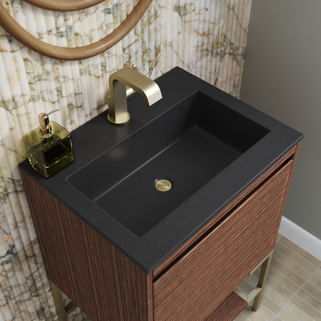 Mantova 23.6" Single Vanity, Mid-Century Walnut, Champagne Brass Base w/ Charcoal Black Composite Stone Top