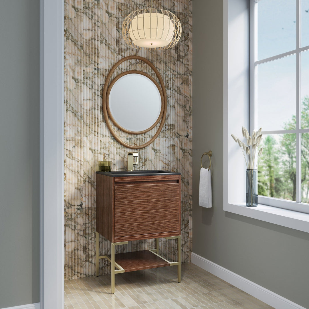 Mantova 23.6" Single Vanity, Mid-Century Walnut, Champagne Brass Base w/ Charcoal Black Composite Stone Top