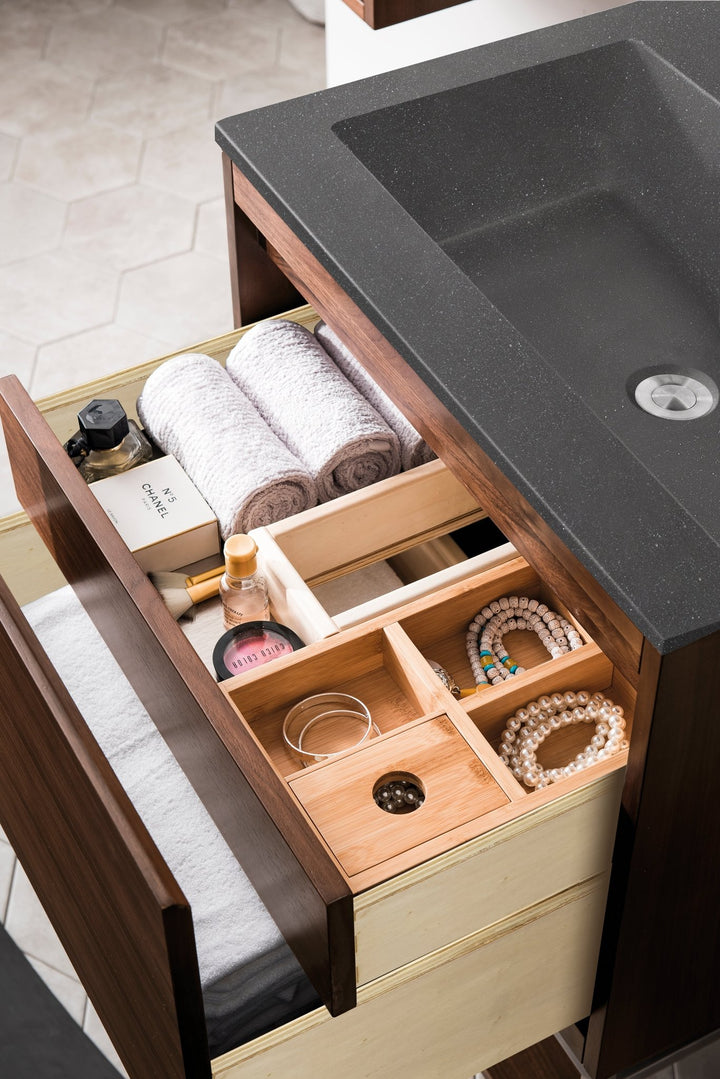 Mantova 23.6" Single Vanity, Mid-Century Walnut, Champagne Brass Base w/ Charcoal Black Composite Stone Top