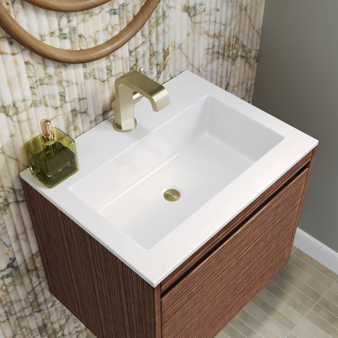 Mantova 23.6" Single Vanity, Mid-Century Walnut, Champagne Brass Base w/ Glossy White Composite Stone Top