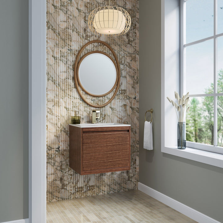 Mantova 23.6" Single Vanity, Mid-Century Walnut, Champagne Brass Base w/ Glossy White Composite Stone Top