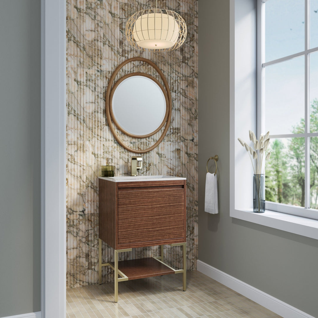 Mantova 23.6" Single Vanity, Mid-Century Walnut, Champagne Brass Base w/ Glossy White Composite Stone Top