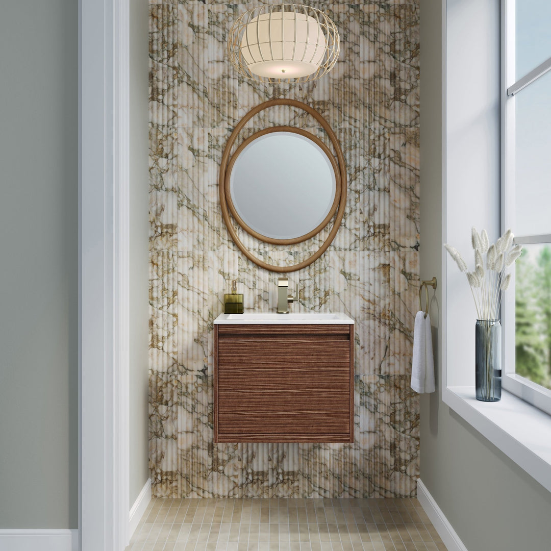 Mantova 23.6" Single Vanity, Mid-Century Walnut, Champagne Brass Base w/ Glossy White Composite Stone Top