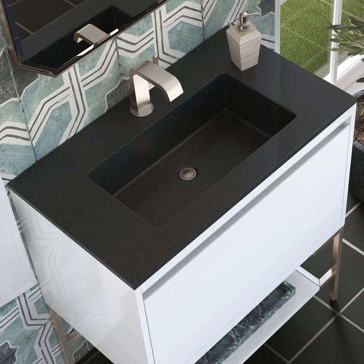 Mantova 31.5" Single Vanity, Glossy White, Brushed Nickel Base w/ Charcoal Black Composite Stone Top