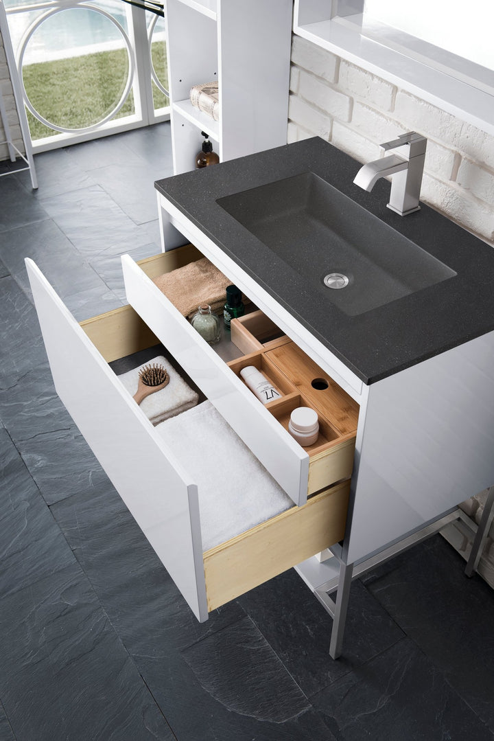Mantova 31.5" Single Vanity, Glossy White, Brushed Nickel Base w/ Charcoal Black Composite Stone Top