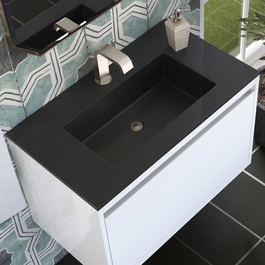 Mantova 31.5" Single Vanity, Glossy White, Brushed Nickel Base w/ Charcoal Black Composite Stone Top