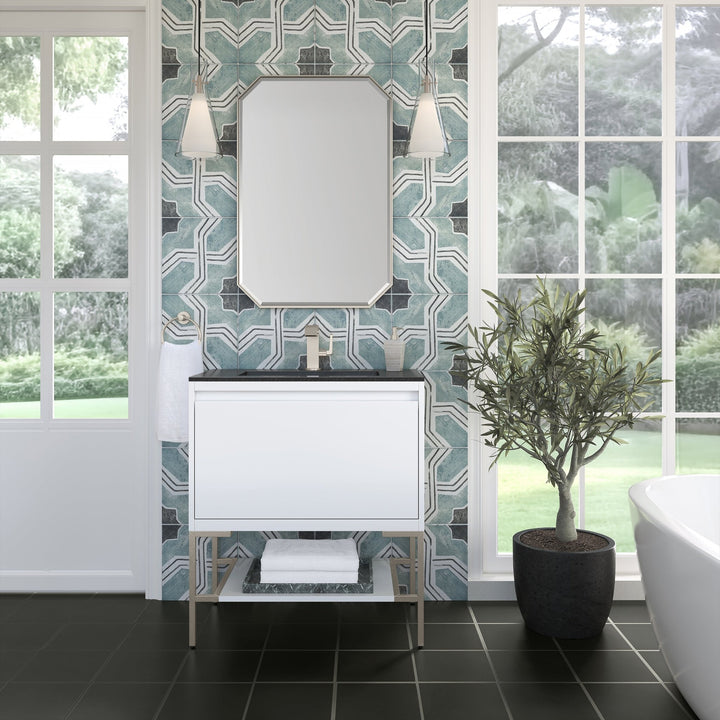 Mantova 31.5" Single Vanity, Glossy White, Brushed Nickel Base w/ Charcoal Black Composite Stone Top