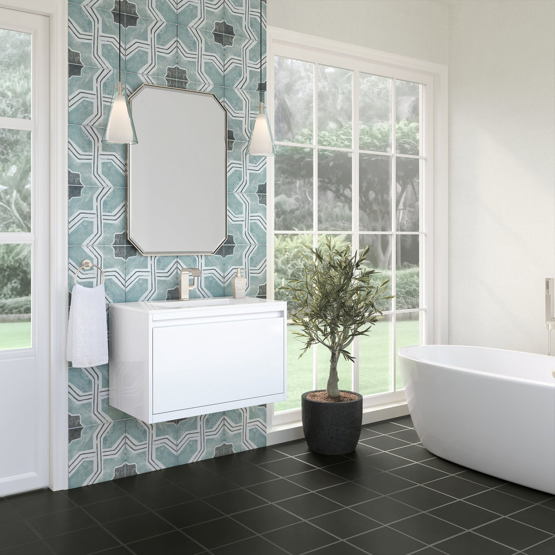 Mantova 31.5" Single Vanity, Glossy White, Brushed Nickel Base w/ Glossy White Composite Stone Top