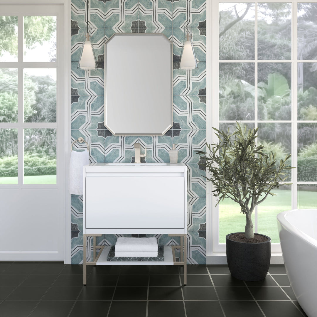 Mantova 31.5" Single Vanity, Glossy White, Brushed Nickel Base w/ Glossy White Composite Stone Top
