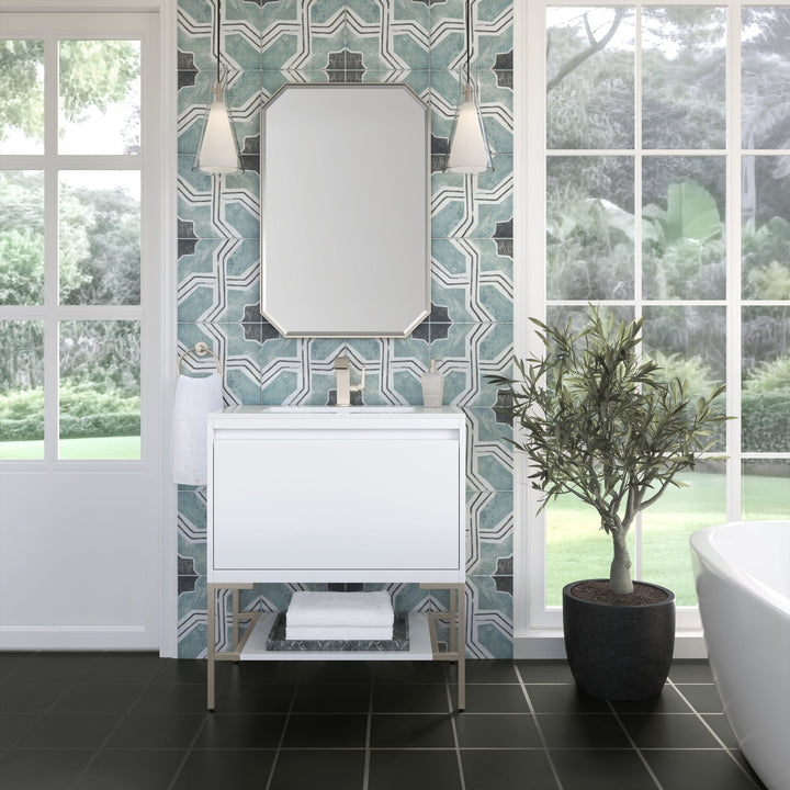 Mantova 31.5" Single Vanity, Glossy White, Brushed Nickel Base w/ Glossy White Composite Stone Top