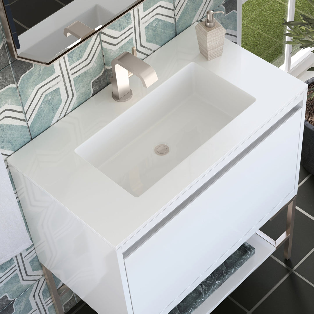 Mantova 31.5" Single Vanity, Glossy White, Brushed Nickel Base w/ Glossy White Composite Stone Top