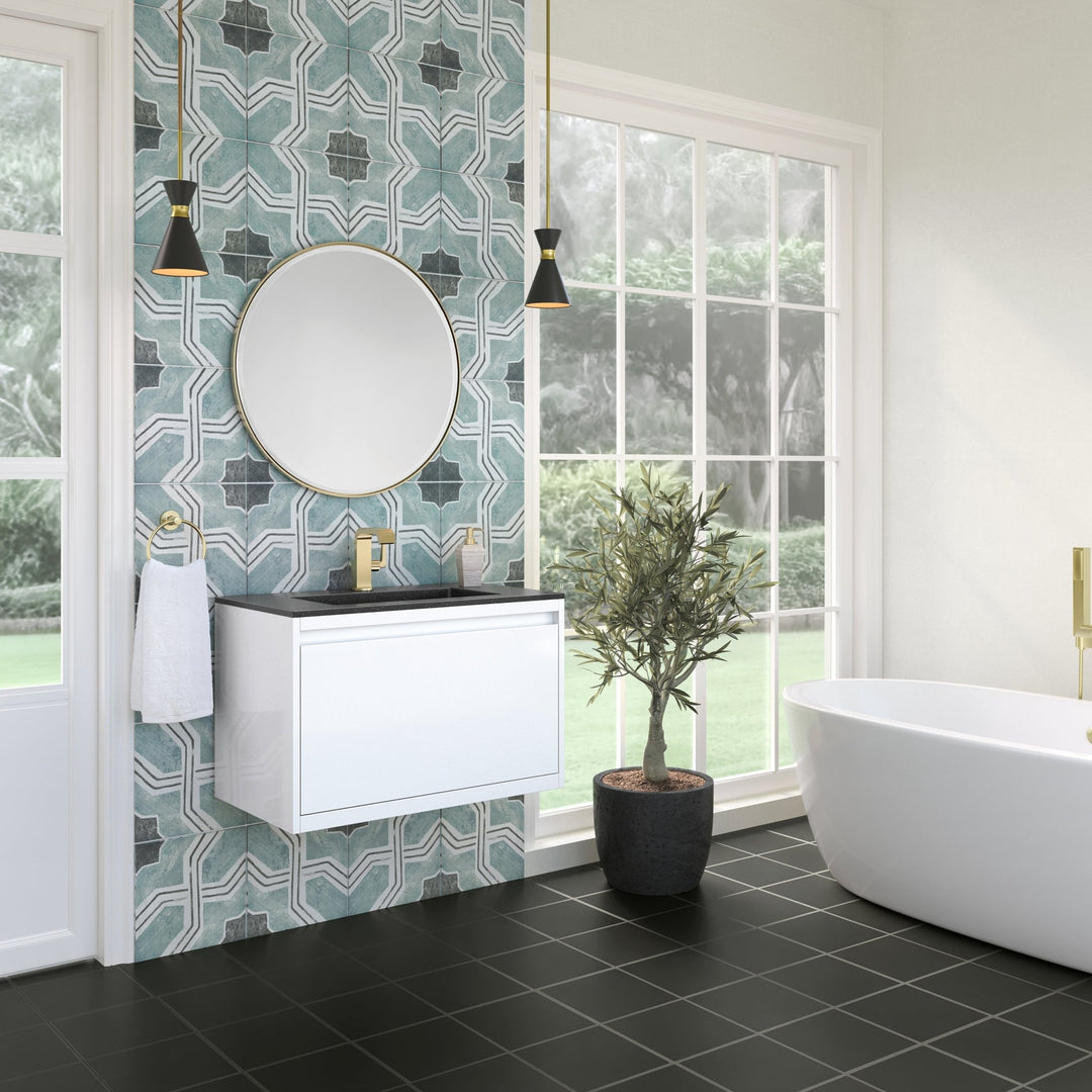 Mantova 31.5" Single Vanity, Glossy White, Champagne Brass Base w/ Charcoal Black Composite Stone Top