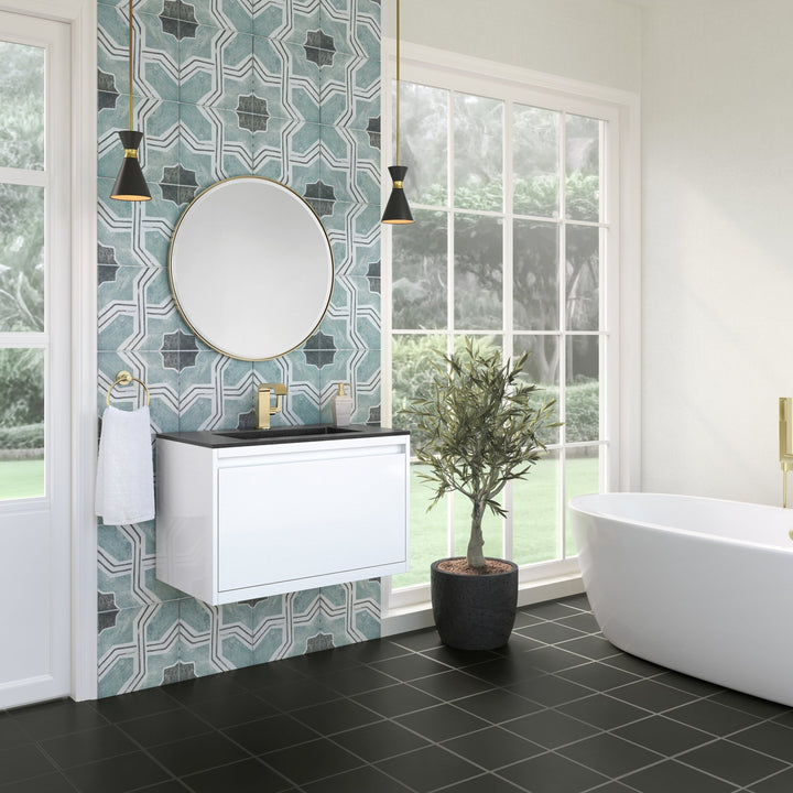Mantova 31.5" Single Vanity, Glossy White, Champagne Brass Base w/ Charcoal Black Composite Stone Top