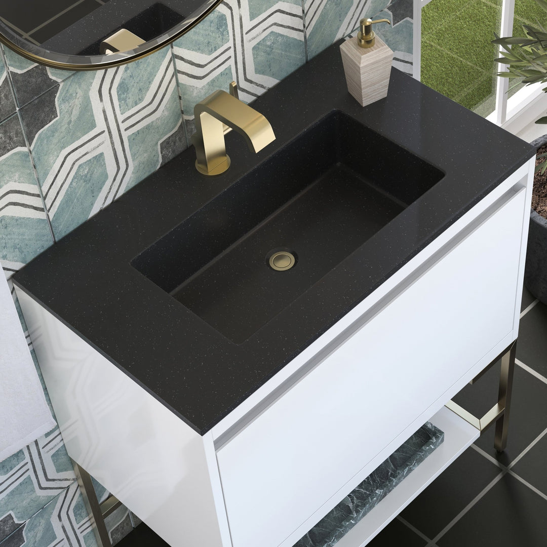 Mantova 31.5" Single Vanity, Glossy White, Champagne Brass Base w/ Charcoal Black Composite Stone Top