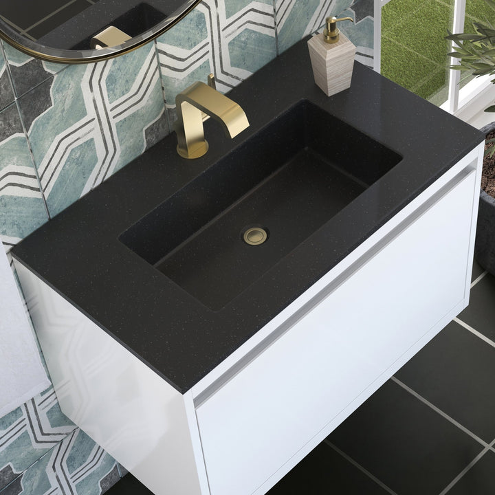 Mantova 31.5" Single Vanity, Glossy White, Champagne Brass Base w/ Charcoal Black Composite Stone Top