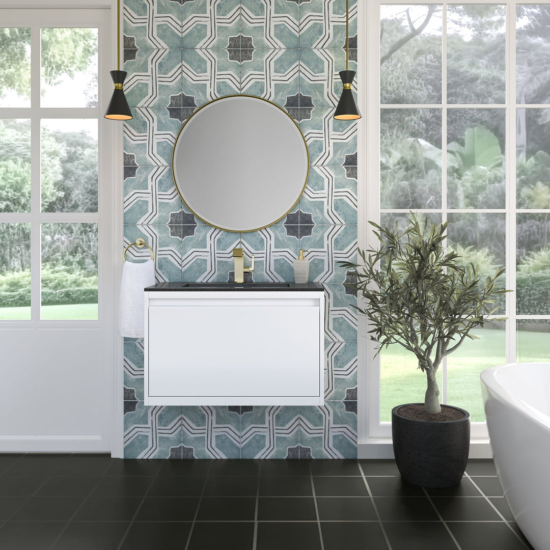Mantova 31.5" Single Vanity, Glossy White, Champagne Brass Base w/ Charcoal Black Composite Stone Top