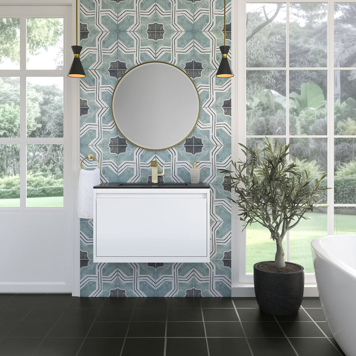 Mantova 31.5" Single Vanity, Glossy White, Champagne Brass Base w/ Charcoal Black Composite Stone Top