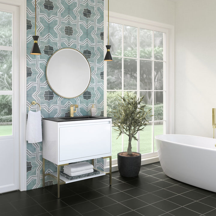 Mantova 31.5" Single Vanity, Glossy White, Champagne Brass Base w/ Charcoal Black Composite Stone Top
